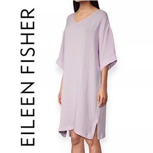 Eileen Fisher Dress Organic Cotton Gauze V-Neck 3/4 Sleeve in Malow Size M NWT